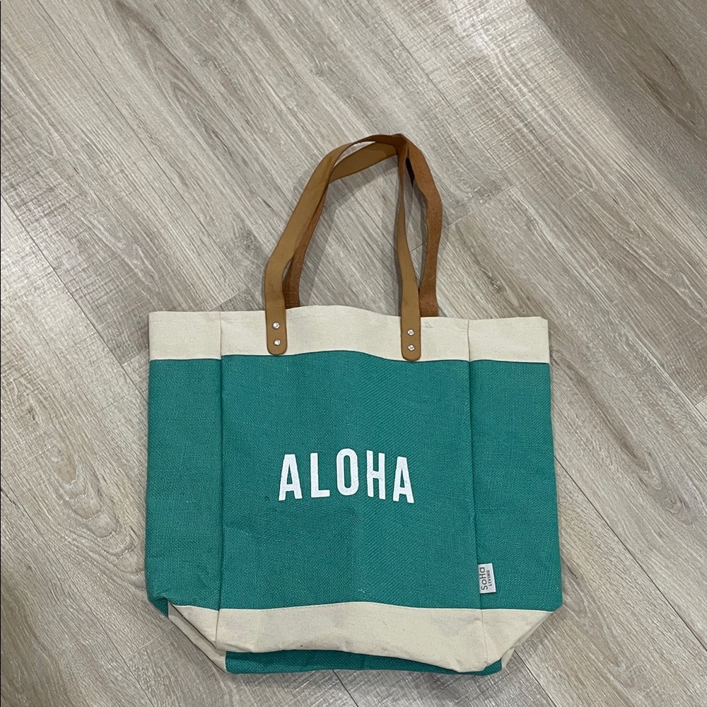 Soho Teal Canvas Tote with Cream Trim and Brown Handles beach vacation carry all